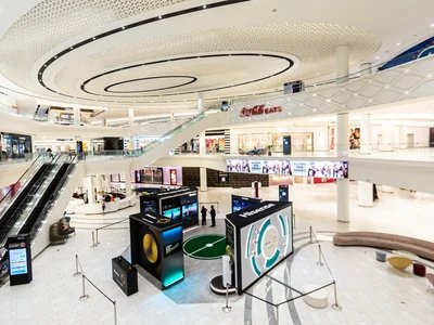 Brand activation exhibit with interactive LED display and creative lighting