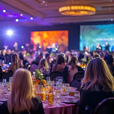 Elegant gala reception with uplighting and ambient event lighting